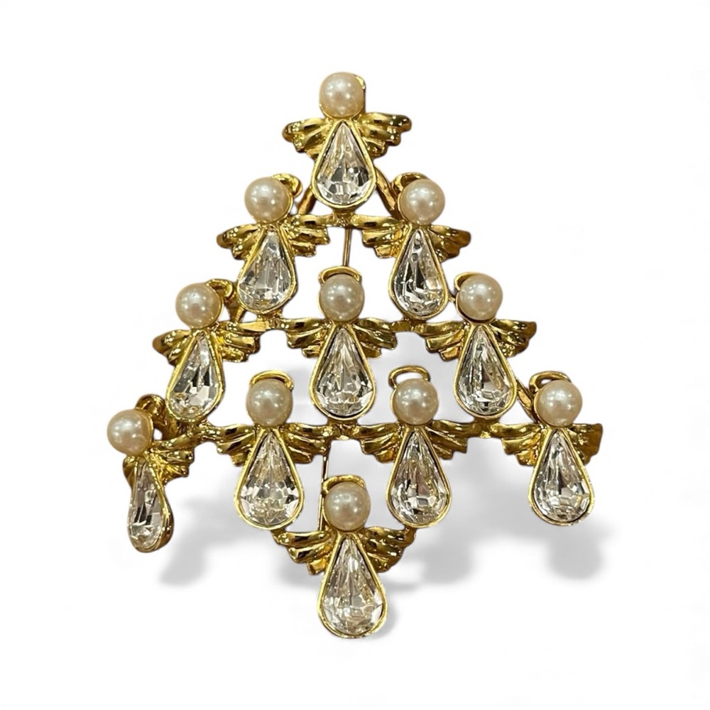 Vintage Avon Angel Christmas Tree Pin Brooch Pearl Rhinestone 2" Holiday Festive